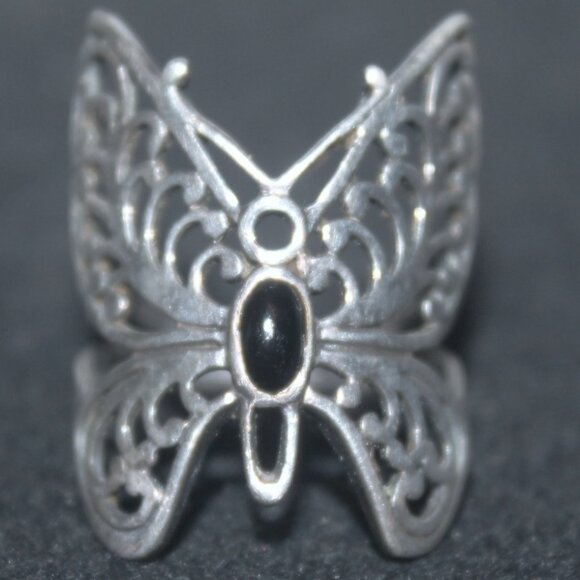 Unique 925 Sterling Butterfly  & Genuine Onyx Boho Gypsy Statement Ring - Picture 1 of 4
